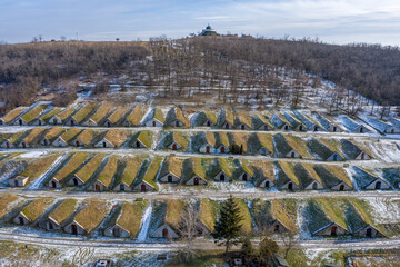 Hungary, Gombos hills vinery from drone view
