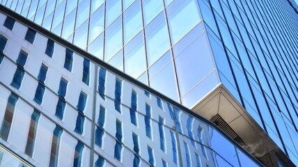 Glass facade of the buildings with a blue sky. Skyscrapers in the business city center.. Background of modern glass buildings. 