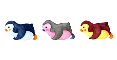 Three cute penguins of different colors in a lying position. Cute cartoon character. Children's illustration isolated on white background.