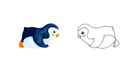 Cute penguin lying on his stomach. Coloring page. Children's illustration isolated on white background.