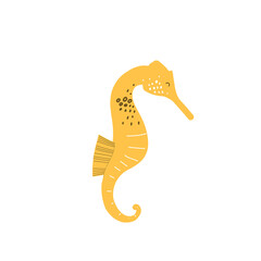 Cute hand-drawn yellow sea Horse isolated on a white background. Vector hand-drawn colored illustration. Illustration for poster, fabric, print, textile, wrappert. Sea. Ocean