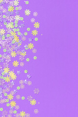 Festive purple background with colorful flowers with copy space. Multi-colored small artificial flowers. Flat lay, top view.