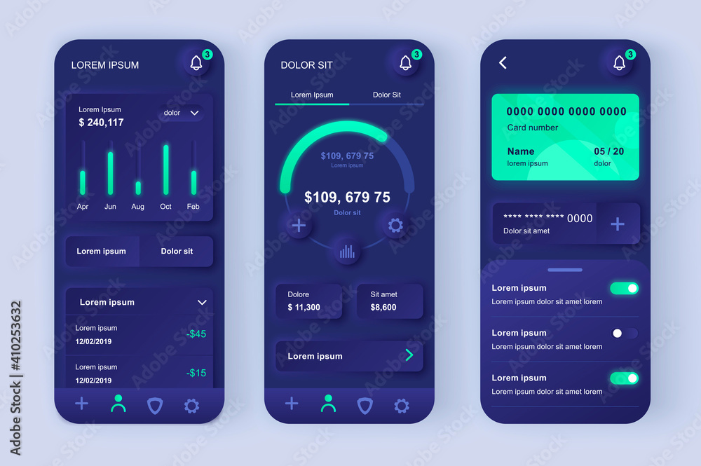 Poster finance services unique neomorphic design kit. online banking screen with charts and financial analy