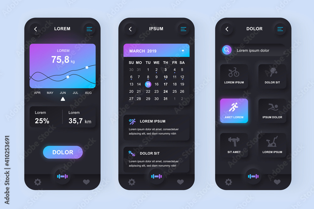 Poster fitness workout unique neomorphic design kit. sport planner with fitness programs, health monitoring