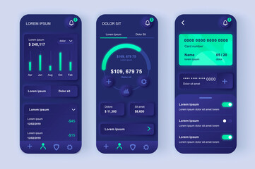 Finance services unique neomorphic design kit. Online banking screen with charts and financial analytics. Finance management UI UX templates set. Vector illustration of GUI for responsive mobile app.