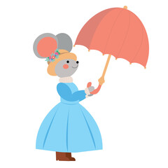 A cute mouse in a beautiful blue dress, a hat with flowers and an umbrella. Child character isolated on white background.