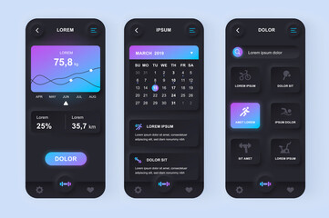 Fitness workout unique neomorphic design kit. Sport planner with fitness programs, health monitoring, current activity level. UI UX templates set. Vector illustration of GUI for responsive mobile app