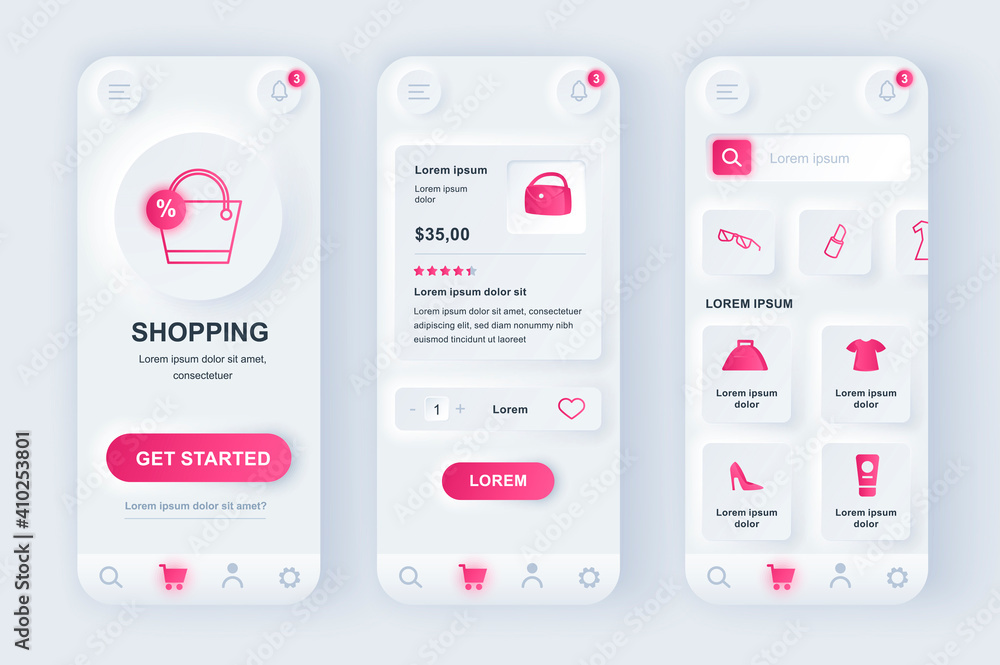 Poster online shopping unique neomorphic design kit. store app with products search, purchases description 
