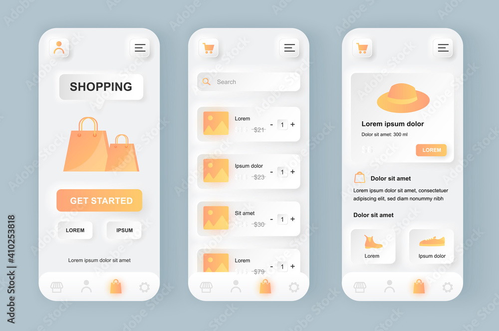 Aufkleber Online shopping unique neomorphic design kit. Shopping app with product photo, description and price. Internet marketplace platform UI UX templates set. Vector illustration of GUI for mobile app.