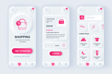 Online shopping unique neomorphic design kit. Store app with products search, purchases description and prices. Internet marketplace UI UX templates set. Vector illustration of GUI for mobile app.