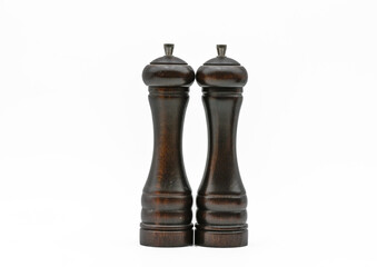 salt and pepper mill, wooden cruet set white background full depth of field