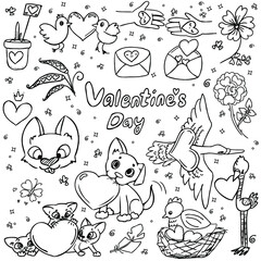 Doodle for valentine's day. Black and white drawing. Nice sketch. Animals, birds, plants with hearts. A puppy with a heart, kittens with a heart, flowers with heart-shaped petals,  bird with a heart.