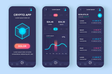 Cryptocurrency trading unique neomorphic design kit. Digital wallet, online cryptocurrency stock trading and exchange. UI UX templates set. Vector illustration of GUI for responsive mobile app.