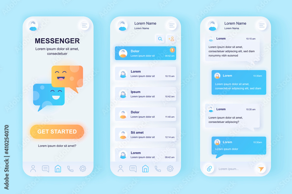 Poster online messenger unique neomorphic design kit. social network texting service with user profile cont