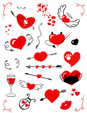 Set of vector red and black hearts isolated on white. Symbols of love with arrows, mask, wings, horns, kisses, wine etc. Clip art illustration for print, sticker, decoration for Valentines day