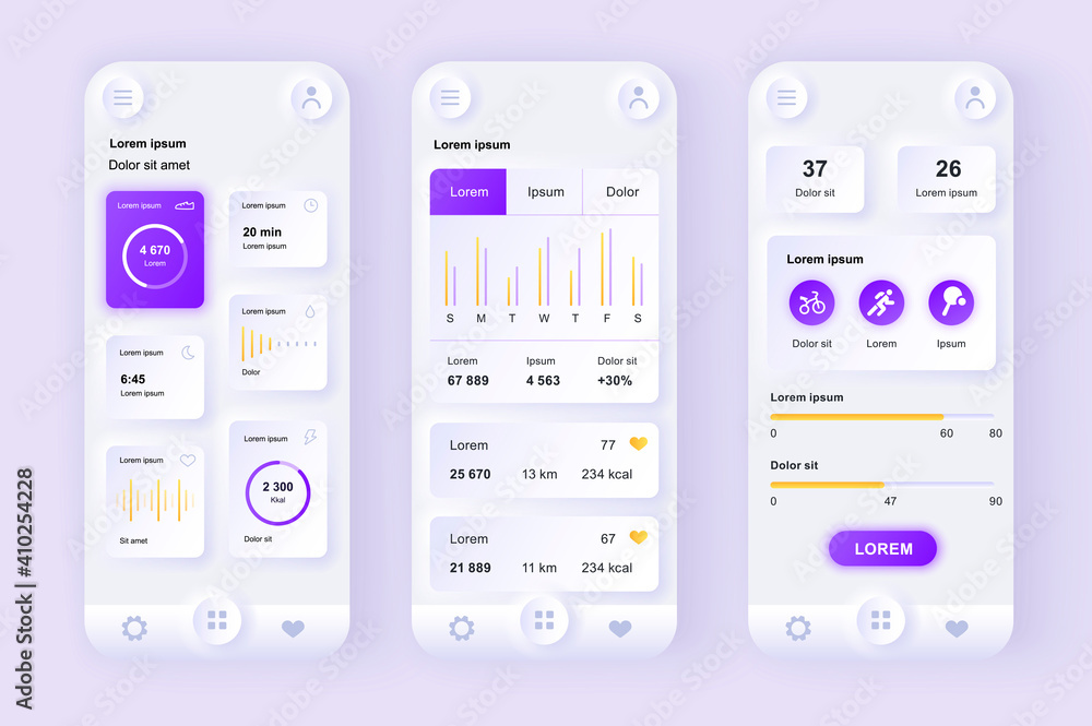 Leinwandbilder Health and activity tracking unique neomorphic design kit. Personal monitoring application with activity analytics, current health level. UI UX templates set. Vector illustration of GUI for mobile app