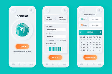 Flight booking unique neomorphic design kit. Online air tickets search and reservation, departure and arrival destinations, calendar. UI UX templates set. Vector illustration of GUI for mobile app.