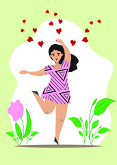 Obraz na płótnie Canvas A happy girl on a floral background with hearts flying in the sky. A banner for Valentine’s Day. A flat illustration. Vector. 