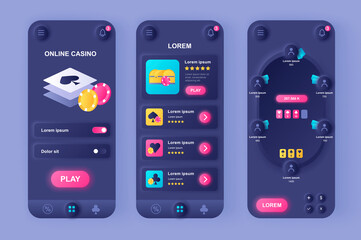Online Casino unique neomorphic design kit. Gambling games online platform, virtual poker game table with players. Games of fortune UI UX templates set. Vector illustration of GUI for mobile app.