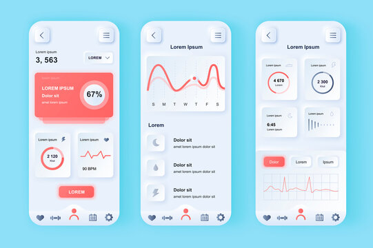 Health and activity tracking unique neomorphic design kit. Health monitoring application with heartbeat rate and activity analytics. UI UX templates set. Vector illustration of GUI for mobile app.