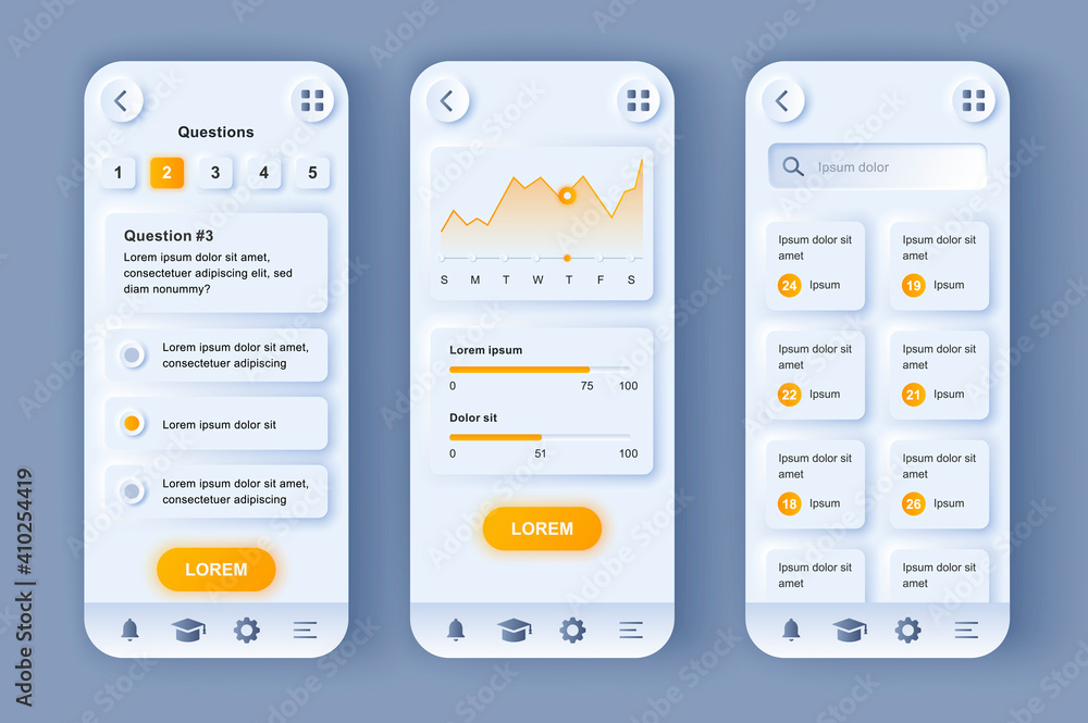 Poster Online learning platform unique neomorphic design kit. Distance education service for students and teachers, study progress. UI UX templates set. Vector illustration of GUI for responsive mobile app.