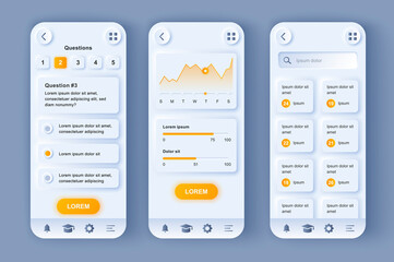 Online learning platform unique neomorphic design kit. Distance education service for students and teachers, study progress. UI UX templates set. Vector illustration of GUI for responsive mobile app.