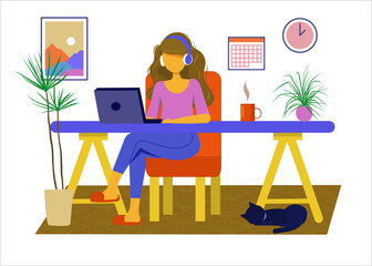 A young woman  is working or studying at home with a laptop and earphones. A flat illustration. Stay at home, Work from home, freelance concepts. 