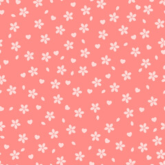 Fototapeta na wymiar Seamless pattern with pink sakura flowers and petals on salmon background. Ornament with asian blossoms and hearts on a coral texture. Cute endless motive with flowers and hearts.