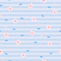 Seamless pattern with coral flowers, blue bows and pale pink hearts on  sky blue background. Motive with hearts and bands on a baby blue texture. Lovely vector endless ornament with flowers.