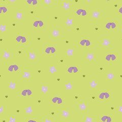Seamless pattern with lilac flowers, purple bows and green hearts on green background. Ornament with hearts, bands and flowers on a herbal texture. Forest cute vector design for underwear.