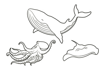 Coloring book - inhabitants of sea and ocean glebins - octopus, whale, stingray. Black and white isolated image line art, vector illustration, doodle, sketch
