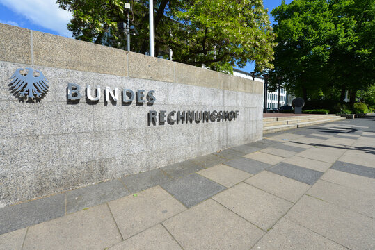 Bonn, North Rhine-Westphalia, Germany - May 14, 2019: Sign at the entrance to Federal Court of Auditors in Bonn, Germany - The Bundesrechnungshof is the supreme authority for audit matters in Germany