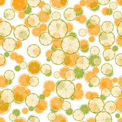 Summer illustration with oranges and limes. Seamlees pattern with colorful fruits on white background. Food concept. Template design for invitation, poster, card, fabric, textile.