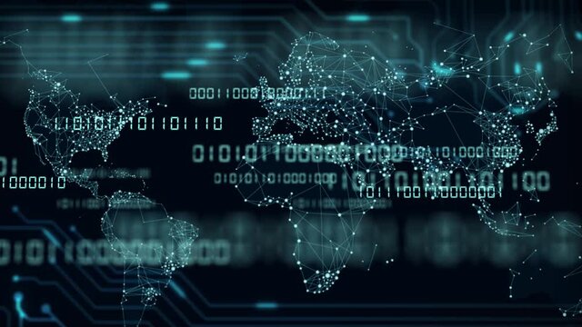 Animated world map with digits 0 and 1 binary code on a background. Concept of informatization of society and the digital world. Bitcoin mining. Digital technology or data transformation