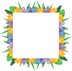 A square frame of delicate spring flowers, painted in watercolor.
Watercolor floral frame for wedding invitations, greeting cards and business cards. Bright floral frame