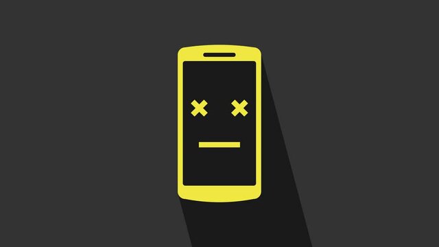 Yellow Dead mobile icon isolated on grey background. Deceased digital device emoji symbol. Corpse smartphone showing facial emotion. 4K Video motion graphic animation