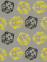 Trendy color outline game cubes in doodle style on gray seamless background. Flying playing cubes perfect for kids playroom, textiles, packaging. Stay home hobby time.