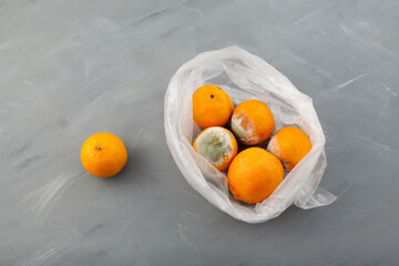Rotten spoiled tangerines or oranges in plastic bag on grey background, top view. Ugly moldy fruit....