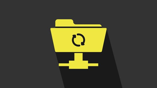 Yellow FTP sync refresh icon isolated on grey background. Software update, transfer protocol, router, teamwork tool management, copy process. 4K Video motion graphic animation