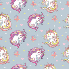 Seamless pattern with heads of unicorns and butterflies gray vector