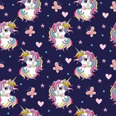 Seamless pattern with heads of unicorns and butterflies navy vector © alinart