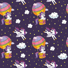 Seamless pattern cute unicorns in the sky vector