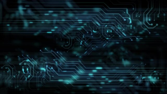 Futuristic motherboard circuit graphic animation background. Printed circuit board PCB in motion. Learning modern computer technologies animation with printed board design. 3D render. Btc eth concept