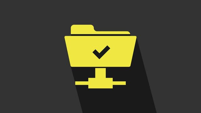 Yellow FTP operation successful icon isolated on grey background. Software update, transfer protocol, teamwork tool management, copy process. 4K Video motion graphic animation