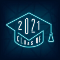 Class of 2021 Logo with Neon Sign Style Square Academic Graduation Cap Combined with Numerals and Lettering - Turquoise on Dark Background - Gradient Graphic Design