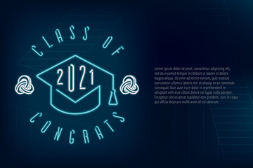 Class of 2021 Neon Sign Style Square Academic Graduation Cap Combined with Single Line Numerals Logo Lettering - Turquoise on Dark Background - Gradient Graphic Design