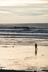 Fototapeta na wymiar a man walking along the shoreline at borth beach 