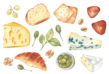 Cheese, buns, crackers, croissant, walnuts, pistachio, olives, grapes, bread and capers. Watercolor illustration of white isolated background. Delicious set of snacks for foodies. 