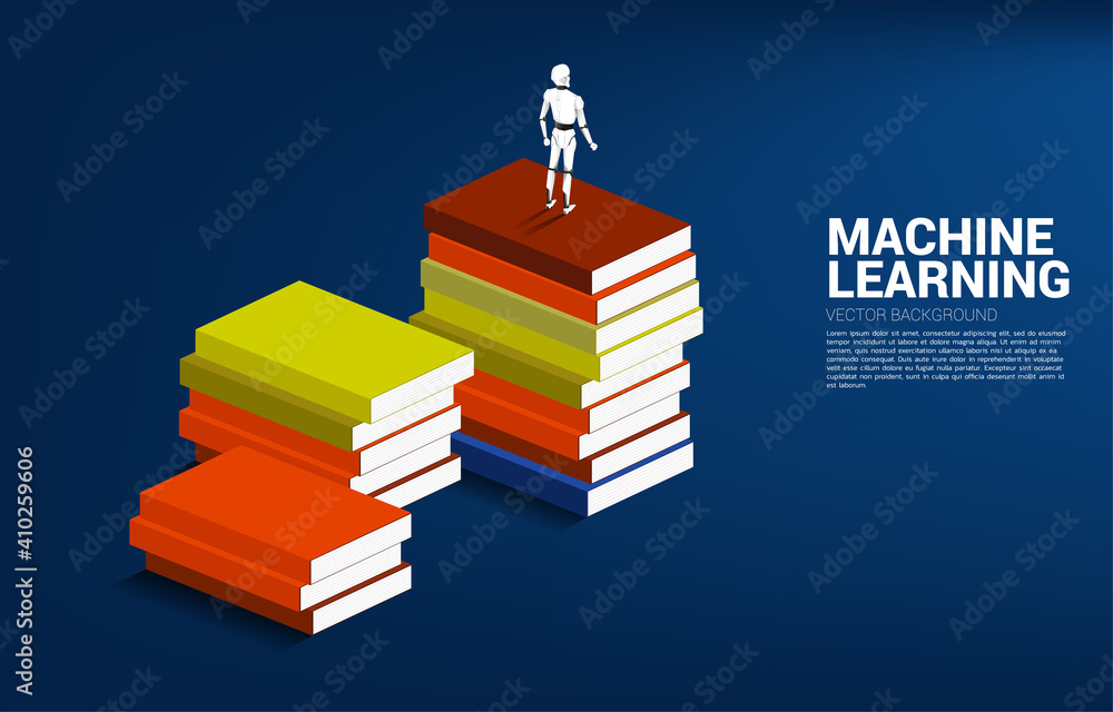 Poster Robot standing on top of stack of book. concept of artificial intelligence and machine learning worker technology.