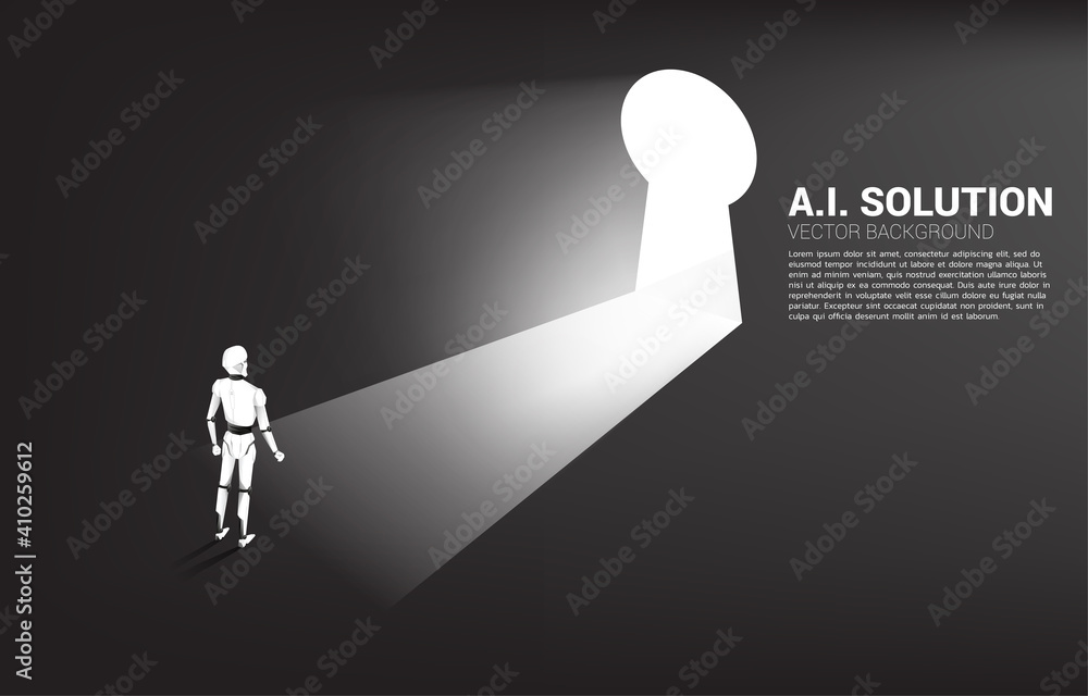 Poster Silhouette of robot ready to move out to key hole door. concept of artificial intelligence and machine learning worker technology